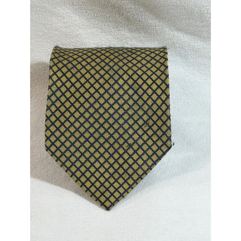 San Marino Mens Gold Navy Blue Diamond Grid Geometric Silk-Look Polyester Tie